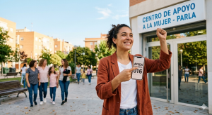 Mujer empoderada frente a un centro de apoyo a la violencia de genero señalando el número 016 en su teléfono móvil(di que no a la violencia de genero)
