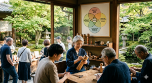 Una mujer japonesa tallando madera en un taller tradicional con el diagrama del Ikigai colgado en la pared de fondo