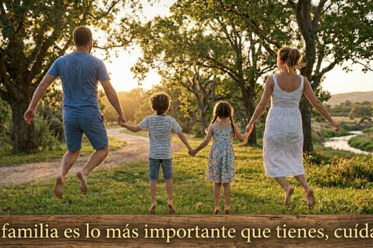 Una familia de cuatro personas (padre, madre y dos hijos) saltando de alegría en un parque natural durante el amanecer. Se ven de espaldas, tomados de la mano, con un paisaje de árboles y un río bajo una luz cálida y natural.