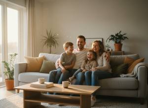 Familia feliz compartiendo tiempo en casa en el sofá del salón