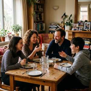 Familia conversando en la mesa del comedor con ambiente de confianza