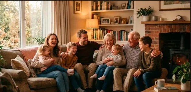 Familia multigeneracional reunida en el salón de casa, con abuelos, padres y niños sonriendo juntos bajo una cálida luz natural.