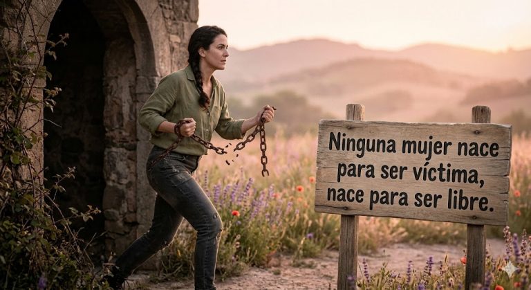 Mujer rompiendo cadenas en un campo abierto para representar la superación de la violencia de género y la libertad personal.
