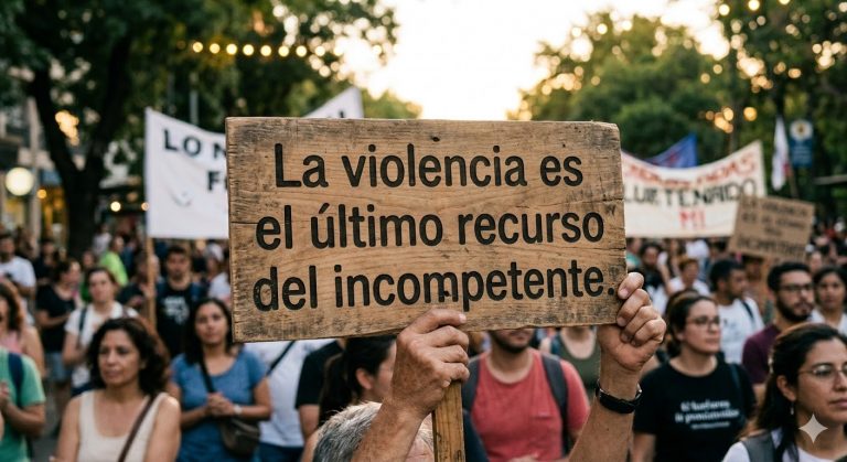 Primer plano de una mano sosteniendo un cartel de madera en una manifestación con la frase: "La violencia es el último recurso del incompetente", destacando el concepto de violencia incompetencia.
