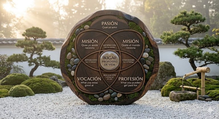 Una escultura de madera tallada en un jardín zen japonés que representa el equilibrio del Ikigai propósito mediante sus cuatro círculos: pasión, misión, vocación y profesión.