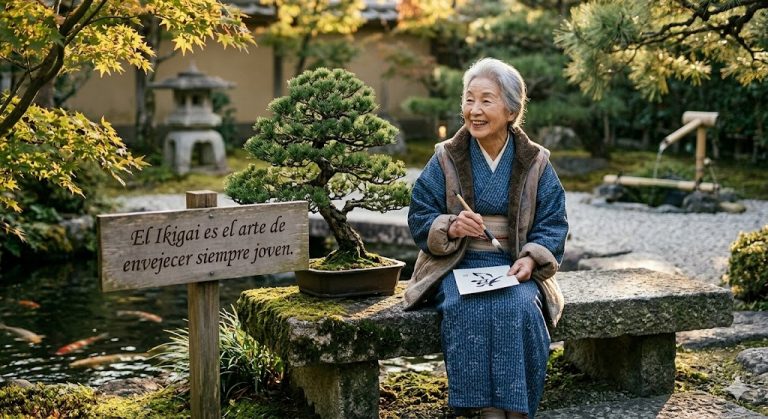 Una anciana japonesa sonriente practicando caligrafía en un jardín zen al aire libre, representando el arte de envejecer joven a través del Ikigai.