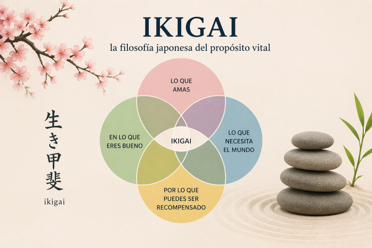 El Ikigai, o filosofía japonesa ikigai, es un concepto que ayuda a encontrar sentido en la vida. Cada vez es más popular en la sociedad actual. Especialmente en contextos de estrés y ritmo acelerado. Su objetivo es claro: encontrar propósito en la vida moderna. Este concepto une cuatro elementos. Lo que amas, lo que haces bien, lo que el mundo necesita y por lo que puedes ser recompensado. Cuando se equilibran, aparece el ikigai. 