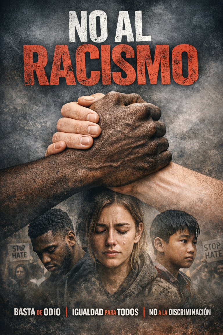 Dos manos de distinto color de piel unidas en señal de respeto y solidaridad, con mensajes contra el racismo y a favor de la igualdad.