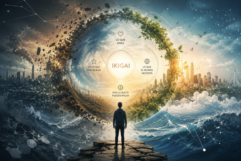 Ilustración abstracta del concepto ikigai moderno con una persona observando un planeta en transformación entre naturaleza, tecnología y cambios sociales.