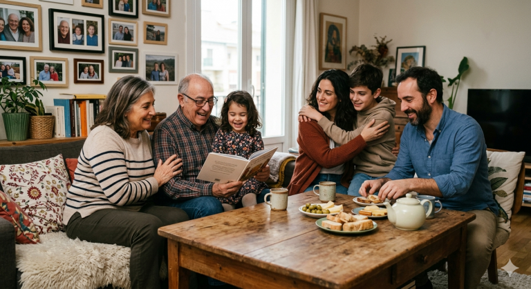 Una familia multigeneracional —abuelos, padres e hijos— reunida en una sala acogedora, compartiendo risas y comida alrededor de una mesa de madera, simbolizando el apoyo, la identidad y la unión familiar como base de la comunidad.