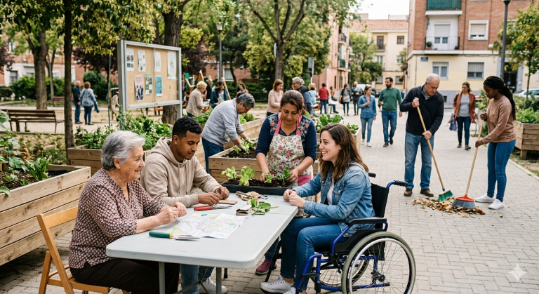 Una comunidad diversa de personas de diferentes edades, etnias y capacidades físicas trabajando juntas en un huerto urbano y plaza pública, colaborando de manera equitativa en tareas de jardinería y limpieza.