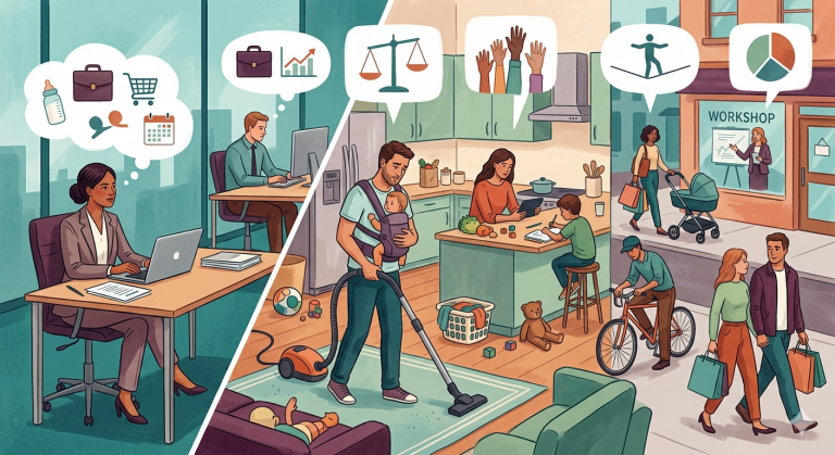 Ilustración conceptual sobre la igualdad de género mostrando el contraste entre la vida profesional y doméstica, destacando la carga mental, el cuidado de los hijos y el reparto de tareas en el hogar.