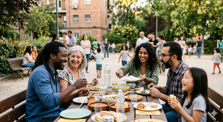 Un grupo diverso de personas de diferentes orígenes étnicos y edades compartiendo una comida y riendo en una mesa de picnic en un parque público soleado, representando la convivencia multicultural.