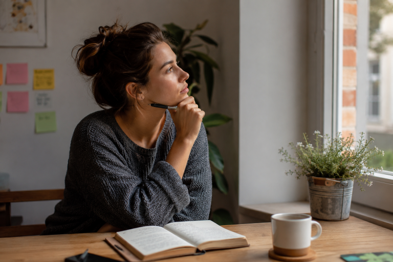 Mujer en un espacio acogedor junto a la ventana, reflexionando con un cuaderno y una taza de café en un momento de introspección personal.