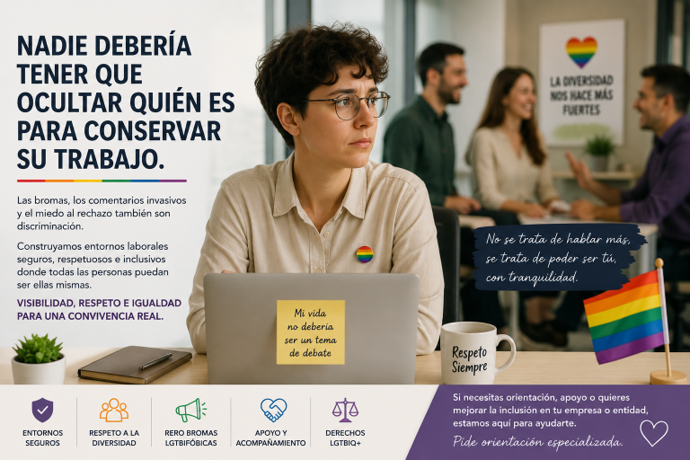 En muchas oficinas, la diversidad sexual no se rechaza de forma abierta, pero tampoco siempre se cuida. A veces el problema no aparece en una norma escrita, sino en una broma durante el café, en una pregunta incómoda sobre la vida privada o en un silencio que obliga a medir cada palabra. Para muchas personas LGTBIQ+ en el trabajo, hablar de su pareja, de su identidad de género o de su orientación sexual sigue siendo una decisión cargada de prudencia. Clara lleva tres años en la misma empresa. Sus compañeros hablan de bodas, hijos, planes de fin de semana y cenas familiares. Ella también tiene una vida llena de afectos, pero cuando le preguntan con quién vive responde “con mi compañera de piso”, aunque en realidad habla de su pareja. No lo hace por vergüenza. Lo hace por miedo al rechazo, por evitar comentarios, por no convertirse en tema de conversación y por proteger su tranquilidad profesional. Esta forma de silencio cotidiano también es parte de la discriminación laboral LGTBIQ+. No siempre hay insultos directos ni decisiones evidentes, pero sí una presión constante para ocultarse. Cambiar palabras, evitar fotos en el escritorio, no corregir a quien da por hecho una relación heterosexual o quedarse callado ante bromas homófobas son gestos pequeños que, repetidos cada día, afectan al bienestar emocional.