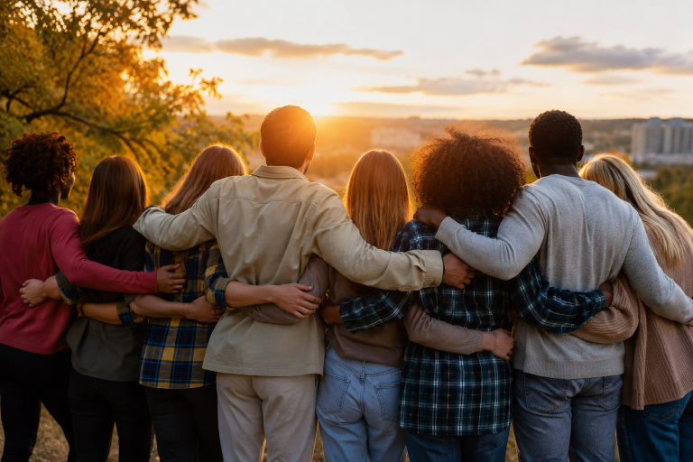 Grupo diverso de personas abrazadas al atardecer representando unión social, apoyo emocional y comunidad.