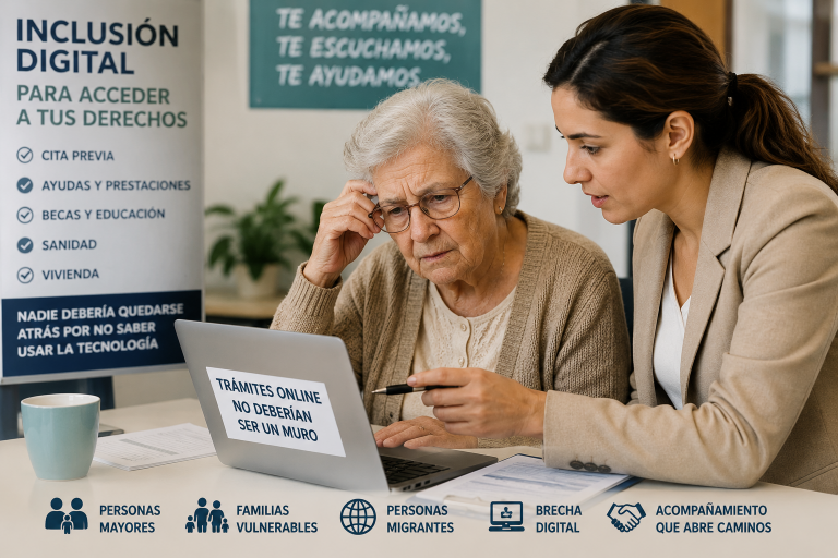 La brecha digital no siempre se ve, pero puede cambiar la vida de una persona. A veces aparece cuando una persona mayor intenta renovar una cita médica desde el móvil, cuando una madre necesita solicitar una beca y no sabe subir un documento, o cuando una persona migrante recibe una notificación electrónica que no entiende. En esos casos, los trámites online dejan de ser una ayuda y se convierten en una barrera. La digitalización ha facilitado muchos procesos. Los servicios públicos digitales permiten pedir una cita previa online, consultar expedientes o presentar documentación sin desplazarse. Sin embargo, para quienes no tienen conocimientos digitales, conexión estable, dispositivo adecuado, idioma suficiente o confianza, esa misma pantalla puede generar miedo, bloqueo y pérdida de oportunidades.