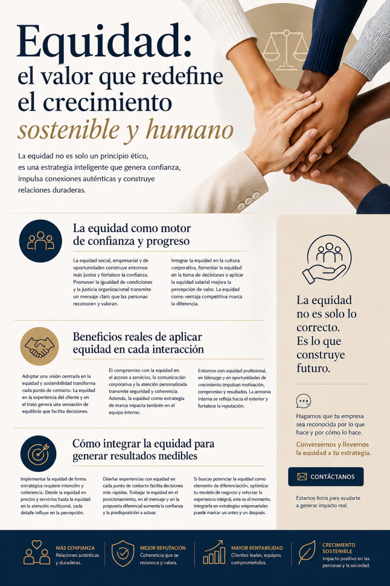 En un entorno donde las decisiones importan más que nunca, la equidad se posiciona como un principio esencial para construir relaciones sólidas y duraderas. Hablar de equidad social, equidad empresarial o equidad de oportunidades ya no es solo una cuestión ética, sino una estrategia inteligente. La percepción de justicia activa conexiones profundas, generando cercanía y credibilidad. Cuando una marca integra la equidad en el entorno laboral, promueve la igualdad de condiciones y apuesta por la justicia organizacional, transmite un mensaje claro y potente.