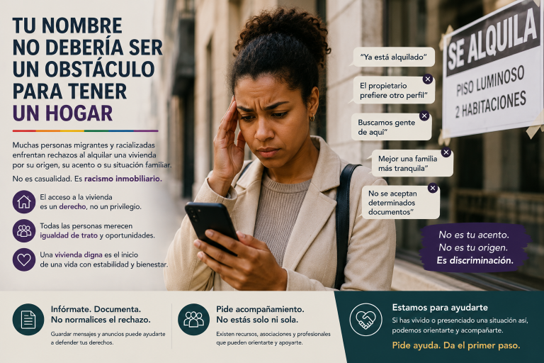 Encontrar un piso de alquiler ya es difícil para muchas personas, pero para algunas el proceso empieza a romperse en un momento muy concreto: cuando dicen su nombre completo, su país de origen, su acento o quién forma parte de su familia. El racismo inmobiliario no siempre aparece con una frase directa. A veces se esconde en un silencio, en un “ya está alquilado” demasiado rápido o en un “el propietario prefiere otro perfil” cuando la persona cumple todos los requisitos. Mariam encontró un anuncio que encajaba con su salario, su contrato y la zona donde estudian sus hijos. Escribió a la inmobiliaria, recibió una respuesta amable y concertó una visita. Todo parecía avanzar bien hasta que dijo su nombre completo por teléfono. Después, el tono cambió. La llamada terminó con una excusa vaga y el anuncio siguió publicado varios días. Para muchas personas migrantes y personas racializadas, esta escena no es excepcional. Es una forma de discriminación racial en el alquiler que se repite con demasiada normalidad.