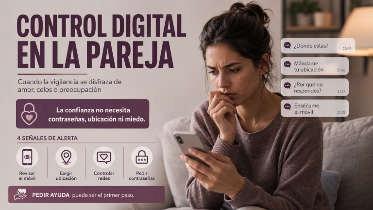 El control digital en una relación rara vez empieza con una amenaza abierta. Muchas veces llega vestido de preocupación, celos aparentemente románticos o frases que parecen normales: “si no ocultas nada, enséñame el móvil”, “mándame tu ubicación”, “¿por qué estás en línea y no me respondes?”, “borra a esa persona” o “dame tu contraseña si confías en mí”. Sin embargo, cuando una mujer siente que debe justificar cada mensaje, cada foto o cada silencio, ya no hablamos de amor, sino de violencia de género y de violencia psicológica. Una relación de control puede empezar con gestos pequeños. Ella deja de contestar a amistades para evitar discusiones. Otra mujer siente ansiedad si tarda diez minutos en responder. Una joven normaliza la ubicación compartida todo el día porque cree que así habrá menos enfados. Poco a poco, el móvil deja de ser una herramienta personal y se convierte en un espacio vigilado. La tranquilidad se rompe, aparece el miedo en la relación y la libertad se reduce.