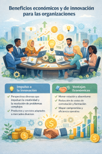 Ilustración en estilo infografía que muestra a un equipo diverso colaborando en una mesa de trabajo, rodeado de iconos de ideas, gráficos de crecimiento y símbolos económicos, representando cómo la diversidad e inclusión impulsan la innovación, la eficiencia operativa y los resultados económicos de las organizaciones.
