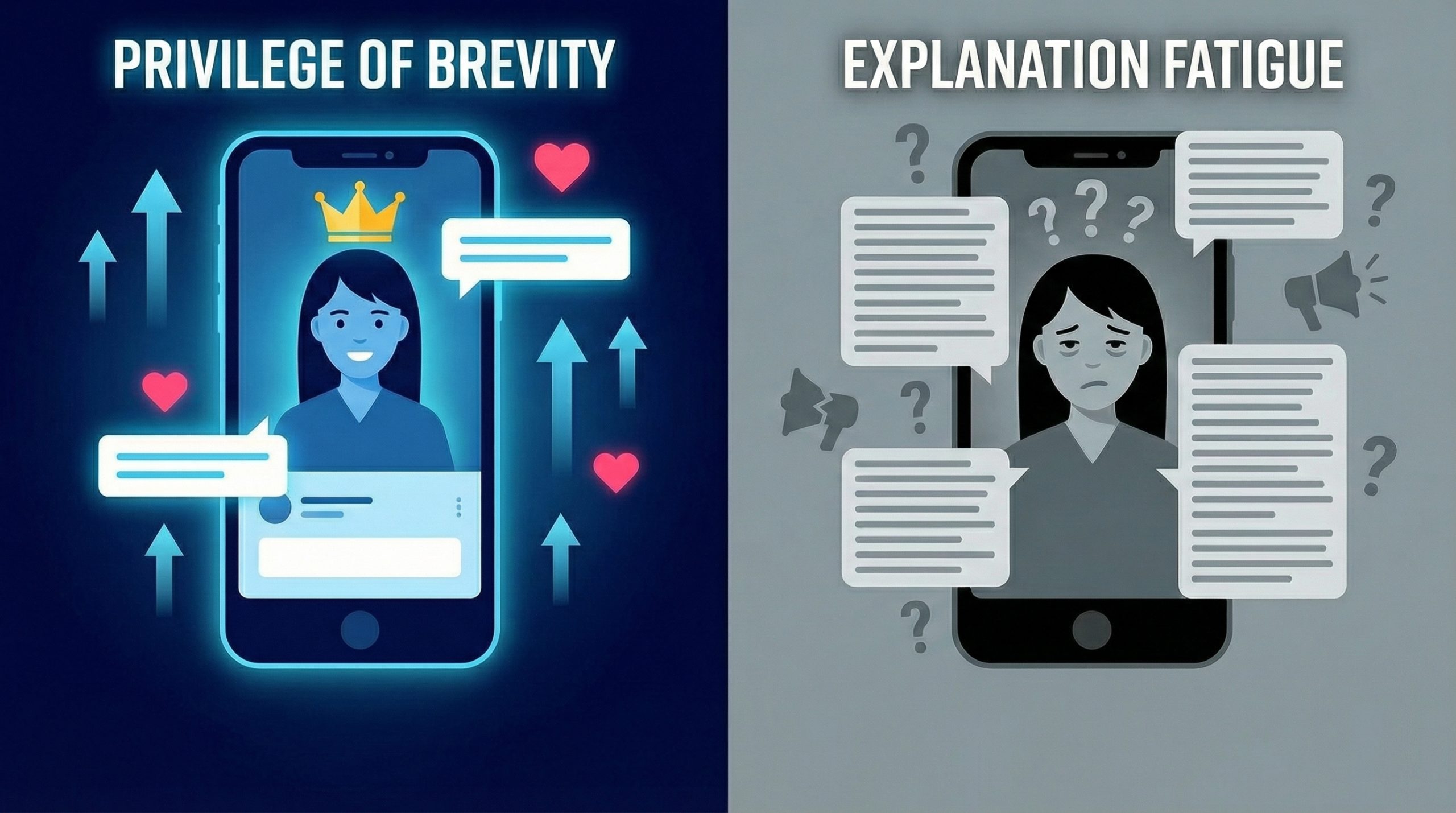 Ilustración comparativa que muestra el privilegio de la brevedad frente a la fatiga de explicación: a la izquierda, una persona recibe atención positiva con mensajes breves; a la derecha, otra aparece agotada y abrumada por múltiples textos largos y preguntas, representando la sobrecarga comunicativa.