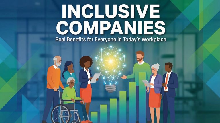 Ilustración de un equipo diverso de profesionales colaborando en una empresa inclusiva, representando diversidad generacional, cultural y funcional, innovación y crecimiento empresarial.