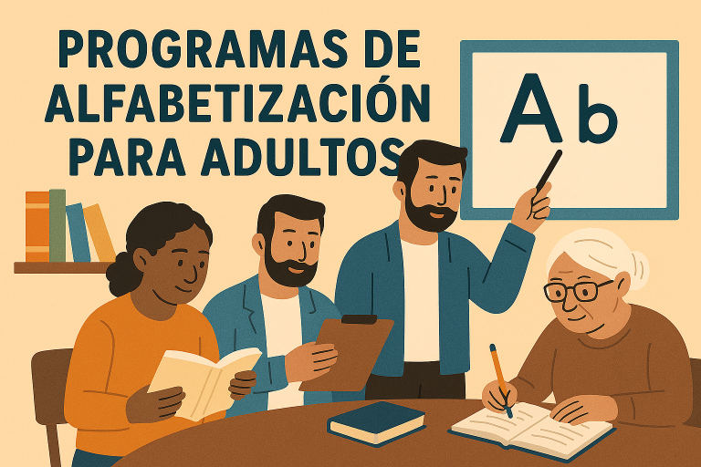 Tres adultos participan en un programa de alfabetización en un aula moderna.