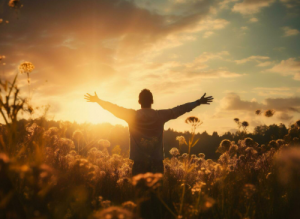 La IA generó al Hombre en un campo de trigo con las manos levantadas al atardecer. Concepto de libertad y felicidad.
