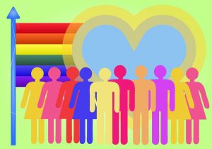 imagen de fondo verde con una bandera arcoiris, un corazon y varias personitas de colores delante