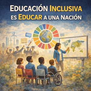 Imagen de una profesora dando clase sobre geografía a varios niños y niñas diferentes, con el título Educación inclusiva es educar a una nación