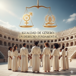 Imagen en un coliseo romano, con muchas personas en círculo y una pesa romana con los 2 géneros y el título Igualdad de género: un derecho fundamental