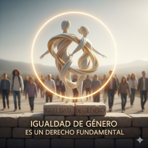 Imagen de un hombre y una mujer de seda, con un hilo juntados y con el título Igualdad de género es un derecho fundamental