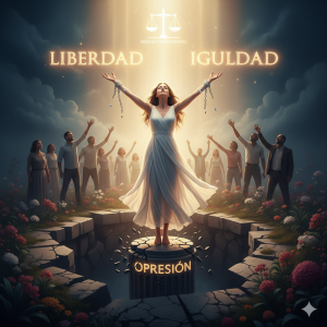 Imagen de una mujer rompiendo las cadenas de la opresión con personas apoyando a los laterales y con el título libertad es igualdad