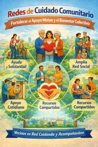 Ilustración de personas de la comunidad ayudándose entre sí, compartiendo recursos y cuidados para mejorar el bienestar colectivo.