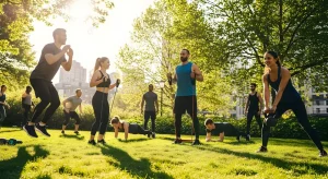 Personas de diferentes edades haciendo ejercicio en un parque o espacio público para mejorar la salud y fomentar la convivencia comunitaria.