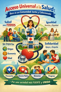 Infografía sobre el acceso universal a la salud que muestra a una médica frente a un hospital rodeada de personas diversas y símbolos de igualdad, prevención, bienestar y solidaridad.