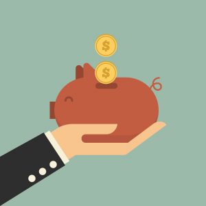 Un fondo verde una persona sujetando una hucha 